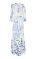 Lela Rose Ruffled Floral Cotton Voile Dress