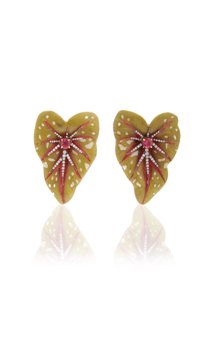 Silvia Furmanovich Sculptural Botanical Marquetry Green Leaf Earrings