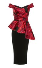 Pamella Roland Ruby & Black Lurex Floral Jacquard Dress