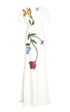 Lela Rose Floral-beaded Crepe Flutter-sleeve Gown