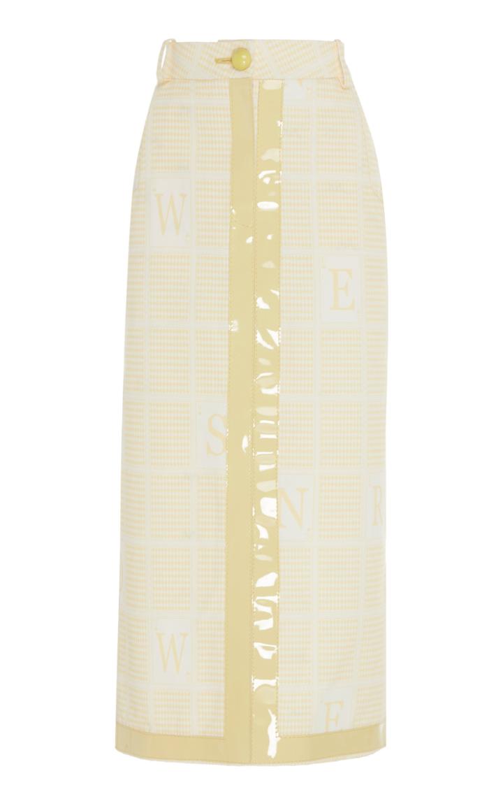 Rowen Rose Logo Print Vinyl-trimmed Denim Pencil Skirt
