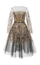 Oscar De La Renta Embroidered Long Sleeve Tulle Dress