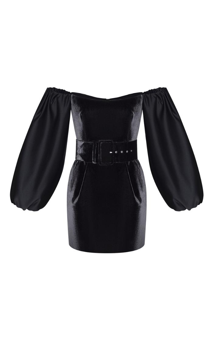 Rasario Off-the-shoulder Puff Sleeve Satin And Velvet Mini Dress