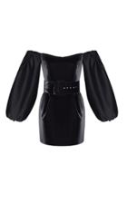 Rasario Off-the-shoulder Puff Sleeve Satin And Velvet Mini Dress