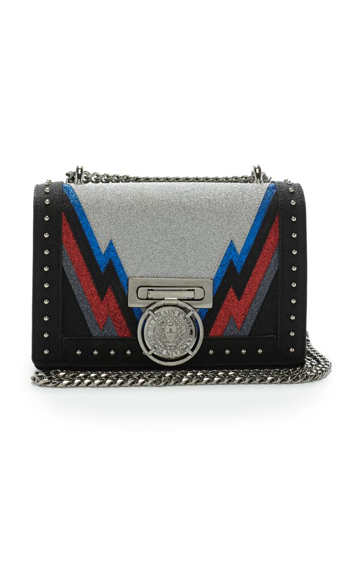 Balmain Studded Glittered Leather Shoulder Bag