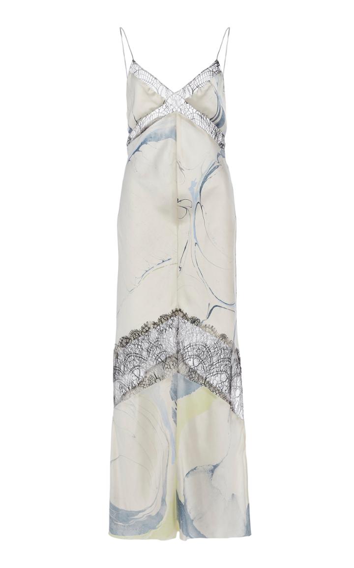 Marina Moscone Lace-trimmed Printed Satin Midi Dress