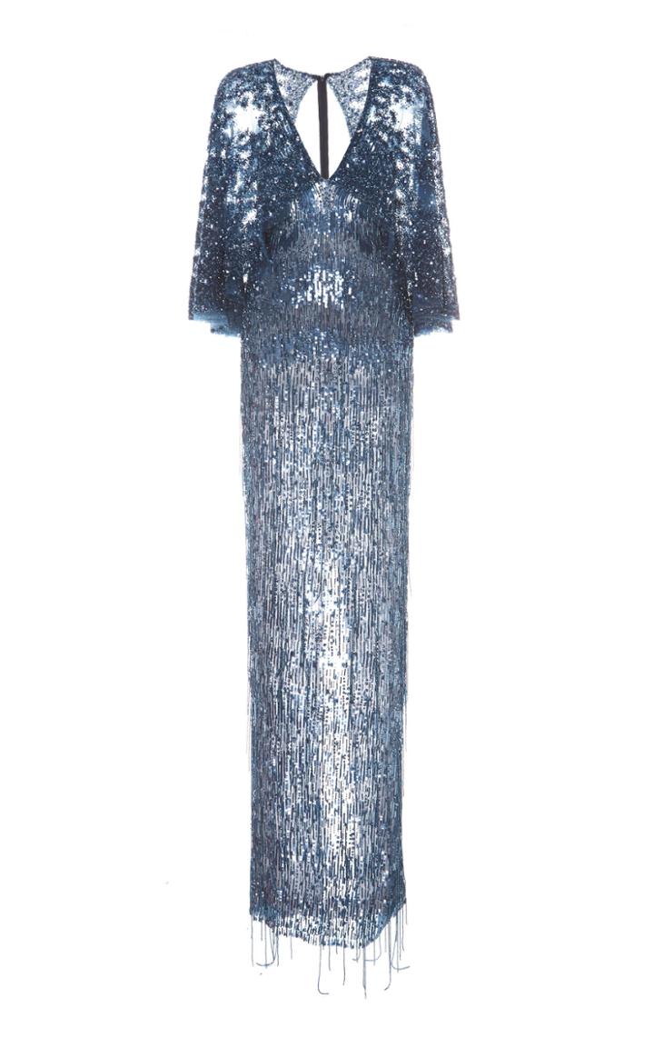 Pamella Roland Sequin And Fringe Cape Gown