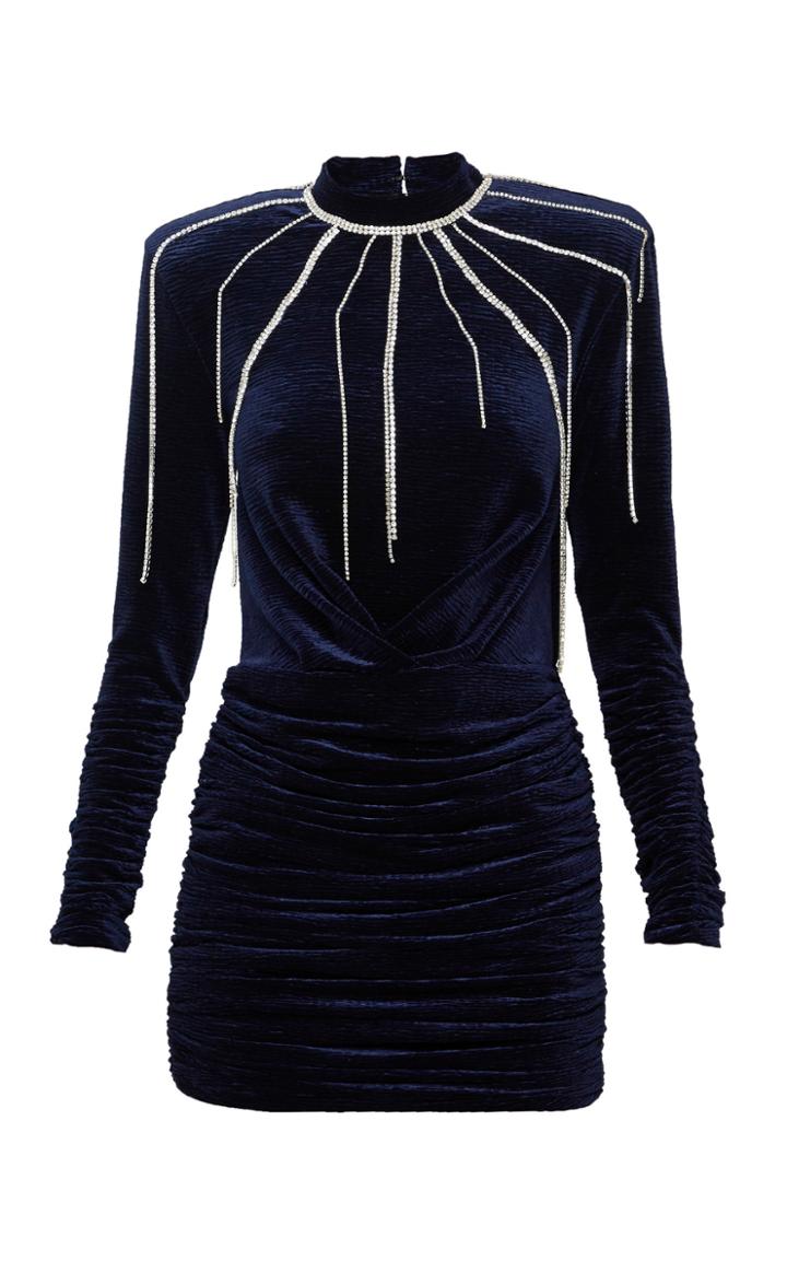 Mach & Mach Long Sleeve Velvet Chains Mini Dress