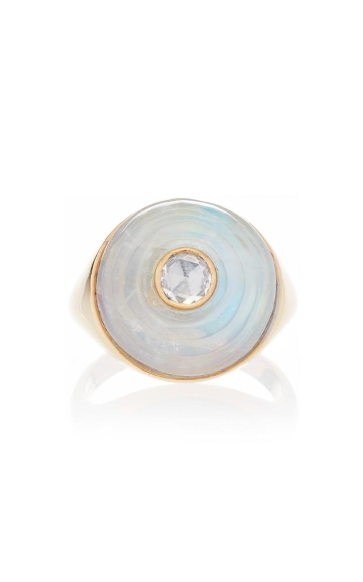 Noor Fares Inle Carved Stone Signet Ring In Yellow Gold With Rainbow Moonstone & Rose Cut Diamond
