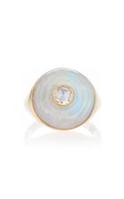 Noor Fares Inle Carved Stone Signet Ring In Yellow Gold With Rainbow Moonstone & Rose Cut Diamond