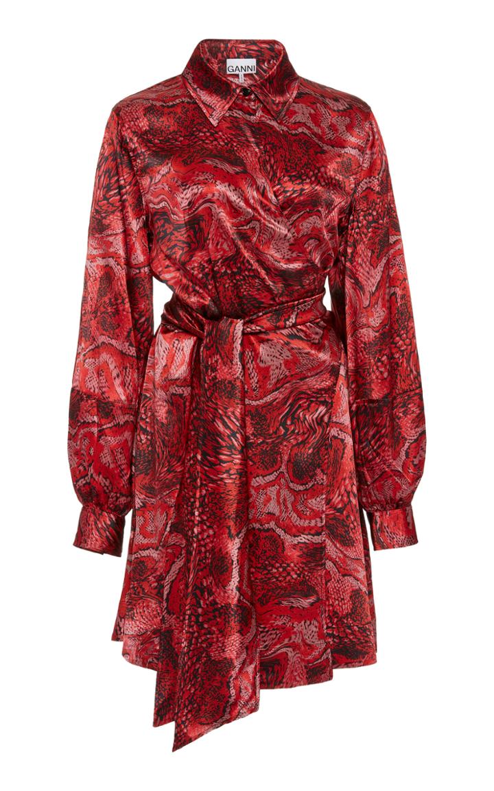 Ganni Printed Silk-satin Wrap Dress