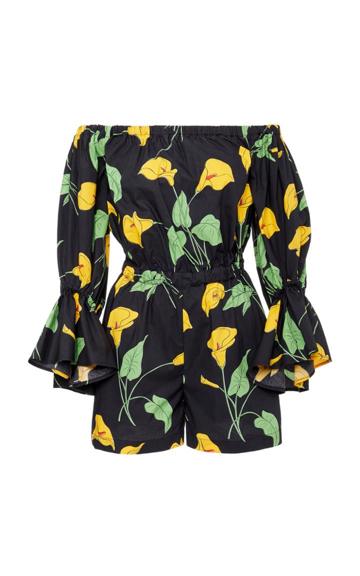 La Doublej Off-the-shoulder Floral-print Cotton-poplin Playsuit