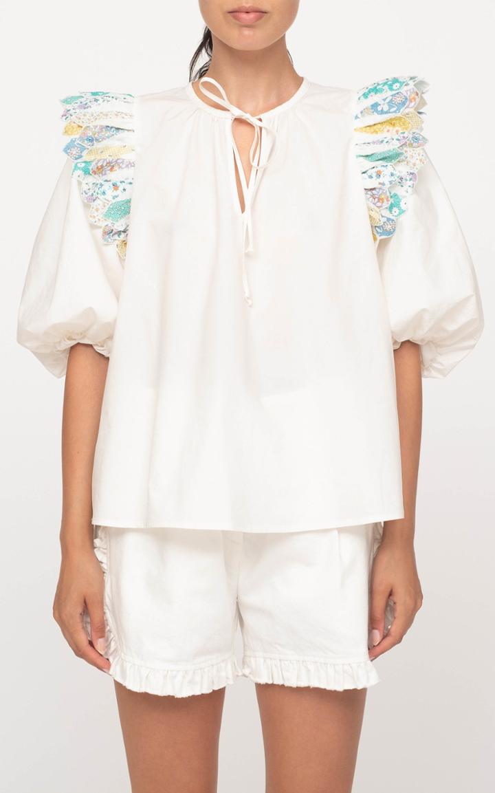 Moda Operandi Sea Linden Patchwork Quilted Puffed Sleeve Top