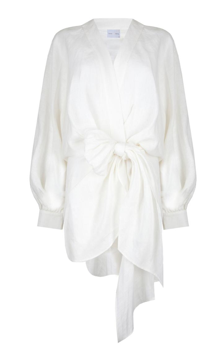 Moda Operandi Piece Of White Peony Front-bow Linen Mini Dress