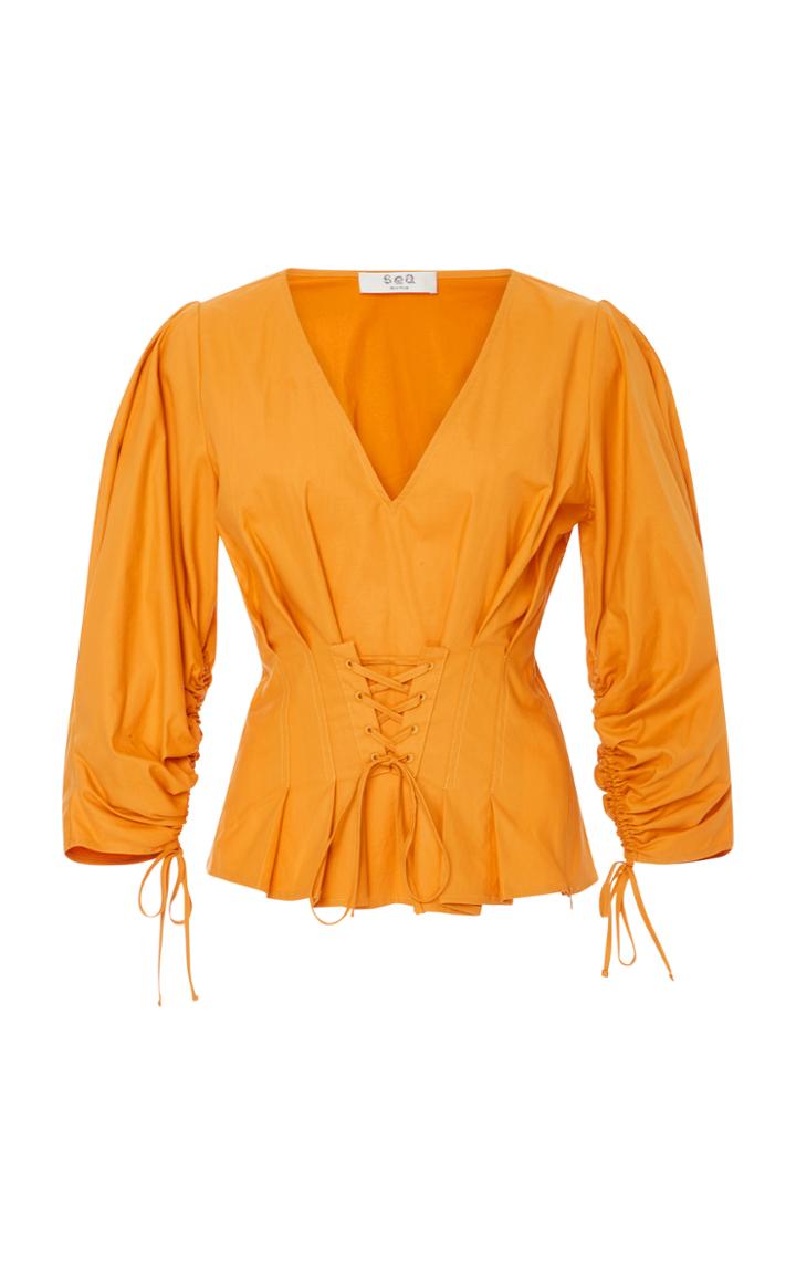 Sea Three Quarter Sleeve Lace Up Blouse