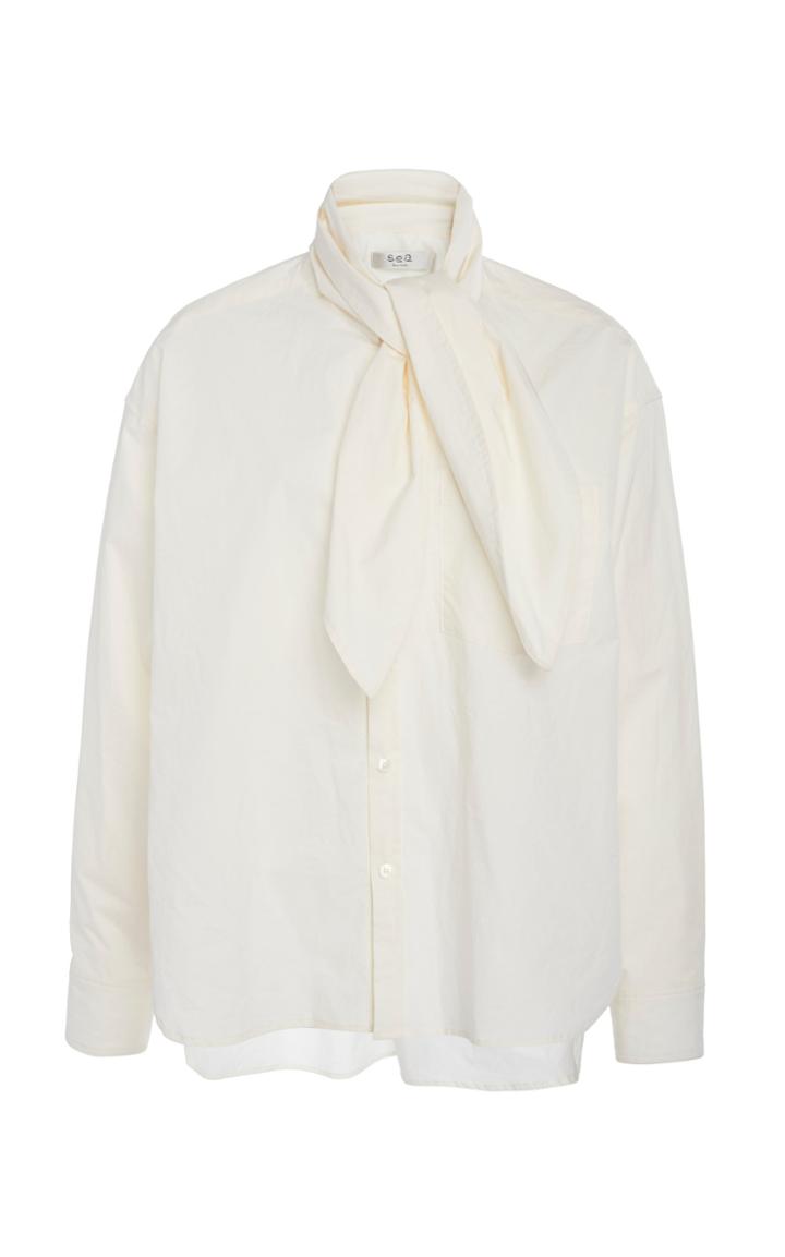 Sea Long Sleeve Neck Tie Blouse