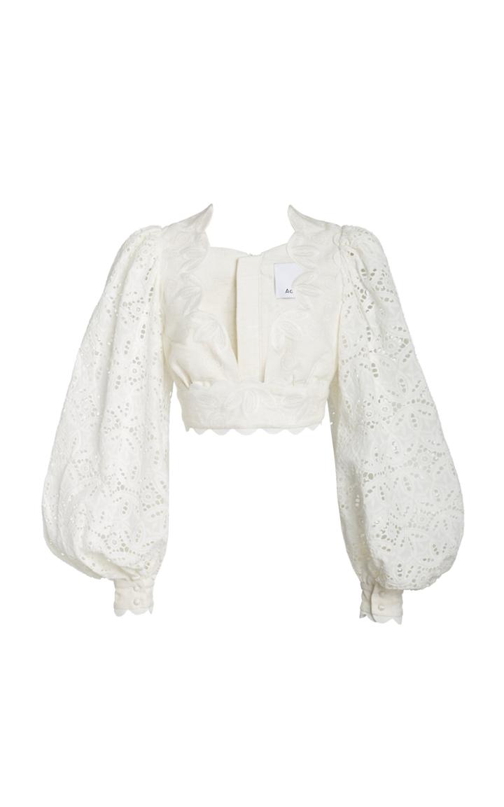 Moda Operandi Acler Atlantic Puff-sleeve Embroidered Woven Crop Top