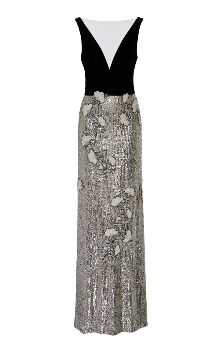 Monique Lhuillier Flower-appliqud Velvet-paneled Sequined Gown