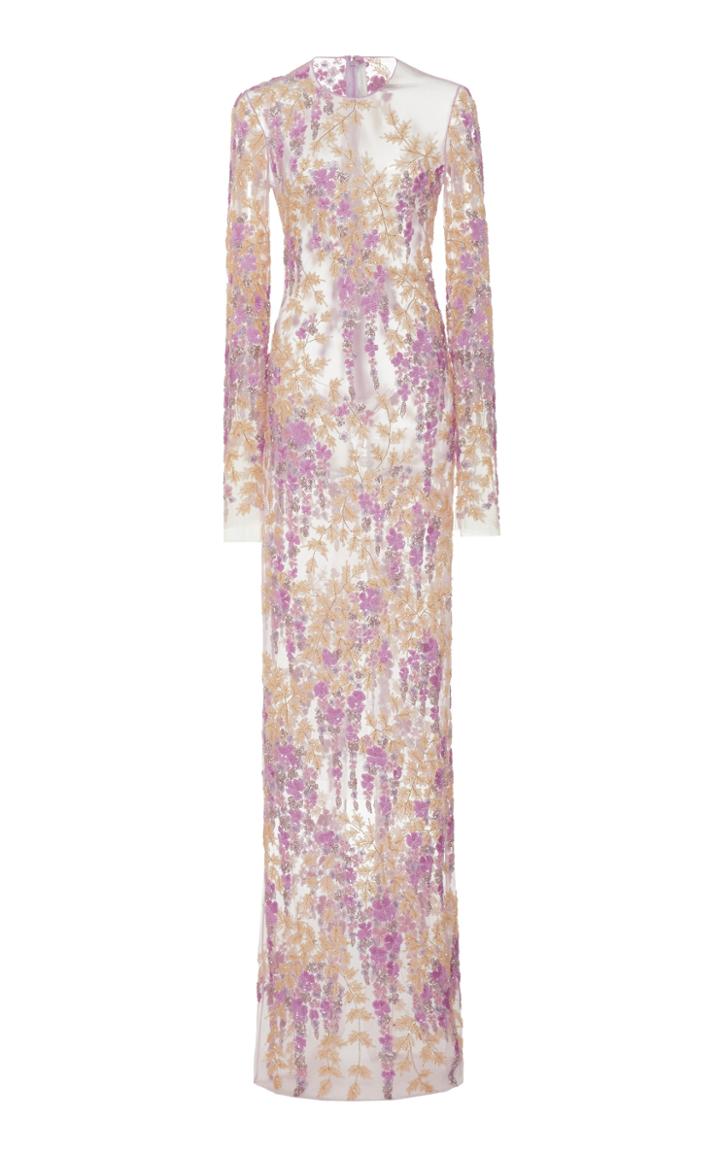 Moda Operandi Naeem Khan Floral Embroidered Sheer Chiffon Gown Size: 4