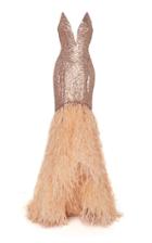 Pamella Roland Feather-trim Sequined Gown