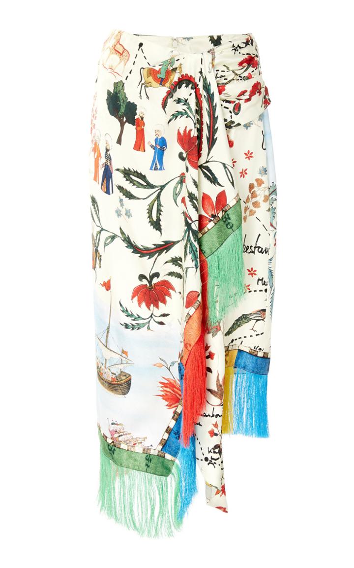 Oscar De La Renta Fringe-trimmed Printed Silk Midi Skirt