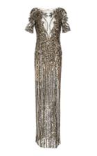 Naeem Khan Illusion V-neck Sequin Embroidered Gown