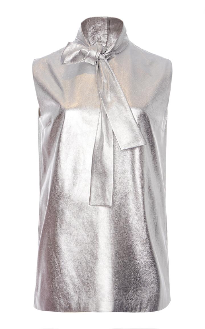 Moda Operandi Prada Metallic Scarf Neck Leather Top Size: 38