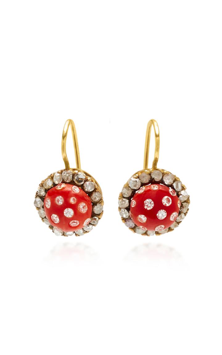 Renee Lewis One-of-a-kind Gold Antique Diamond Rimmed Diamond Sutdded Coral Earrings