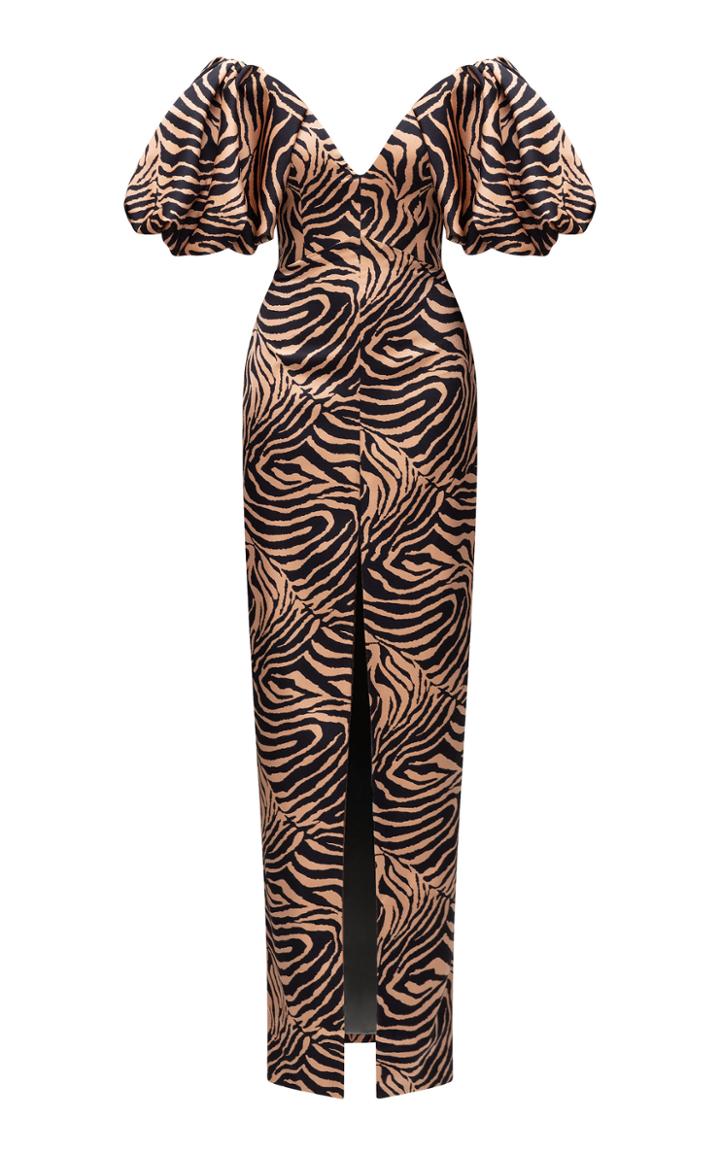 Moda Operandi Rasario Puff-sleeve Zebra-print Satin Off-the-shoulder Maxi Dress