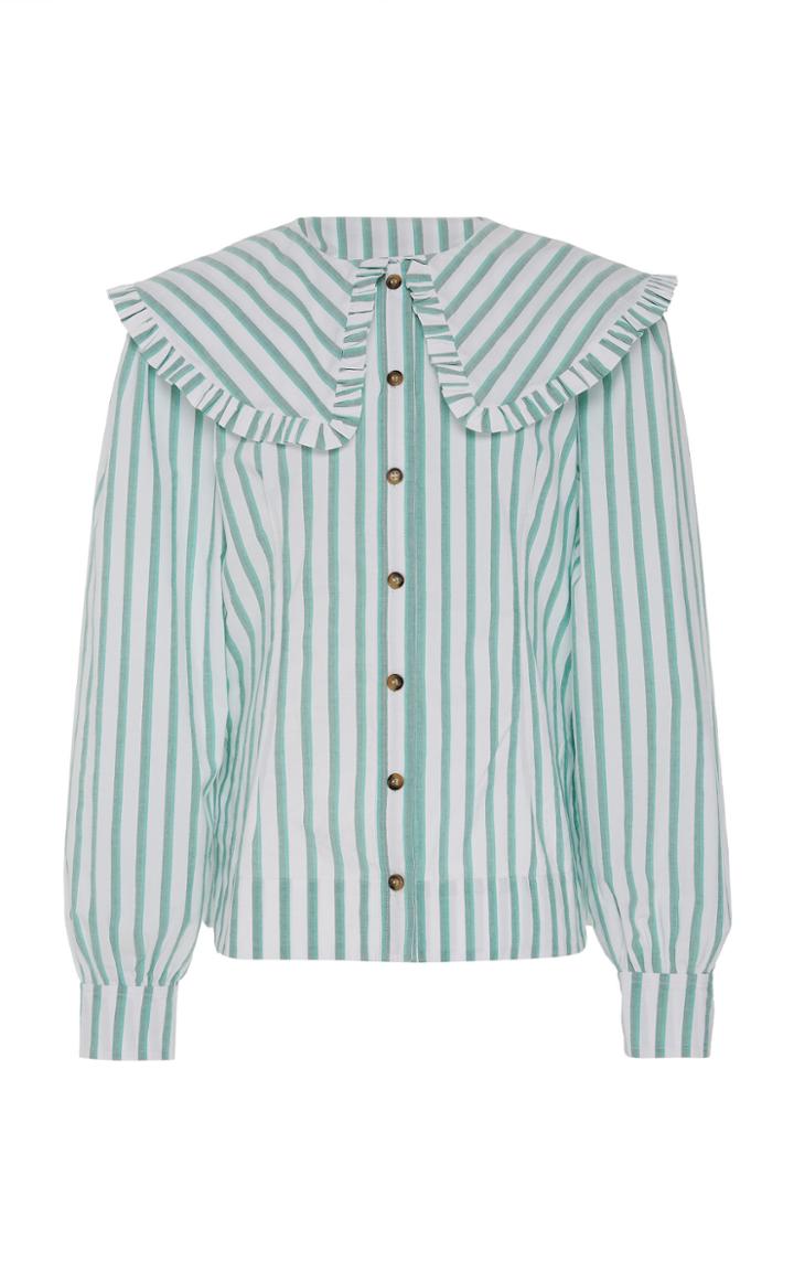 Ganni Striped Ruffle-trim Cotton Poplin Shirt
