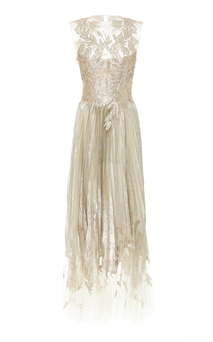 Oscar De La Renta Asymmetric Floral-embroidered Silk-blend Lam Midi Dress