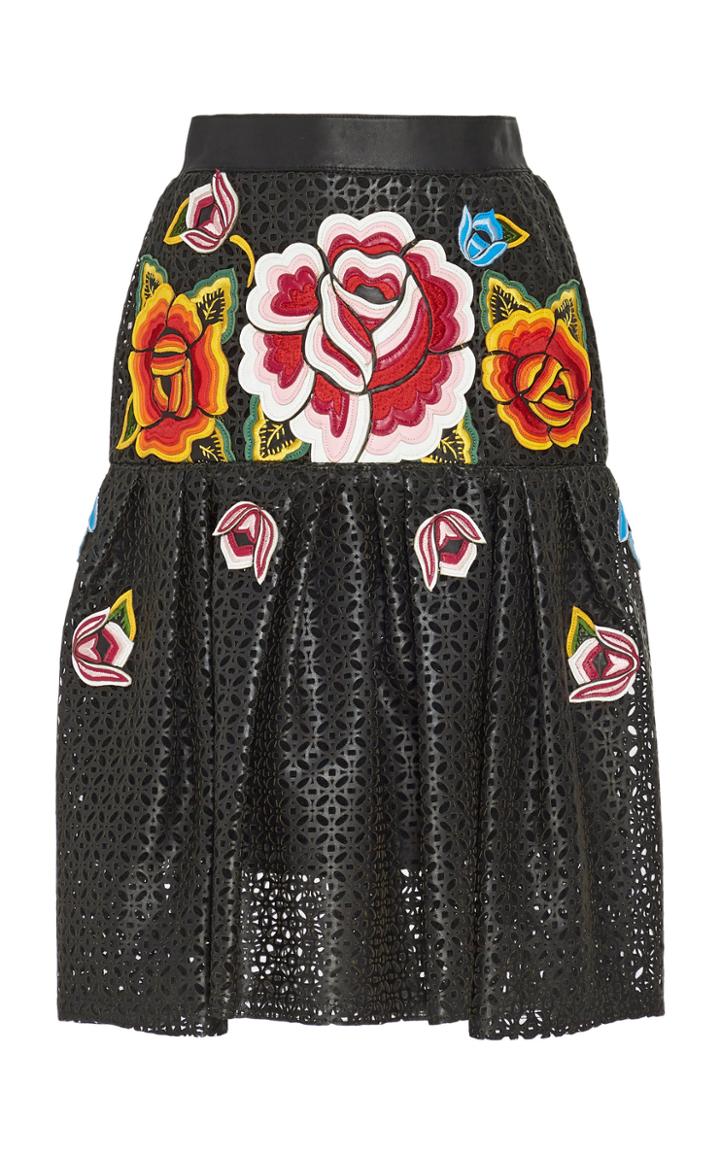 Carolina Herrera Embroidered Laser-cut Leather Skirt
