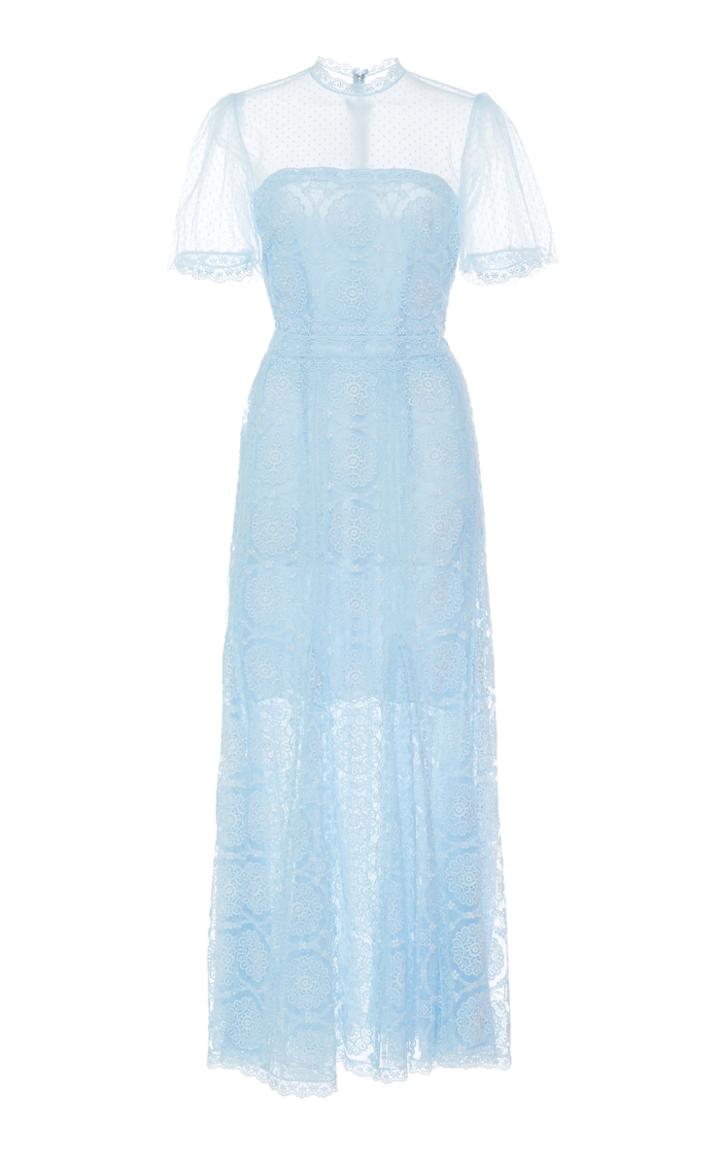 Costarellos Puffed-sleeve Embroidered Tulle Tea-length Dress
