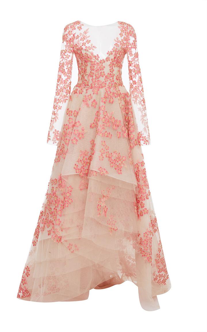 Monique Lhuillier Embroidered Floral V-neck High-low Gown