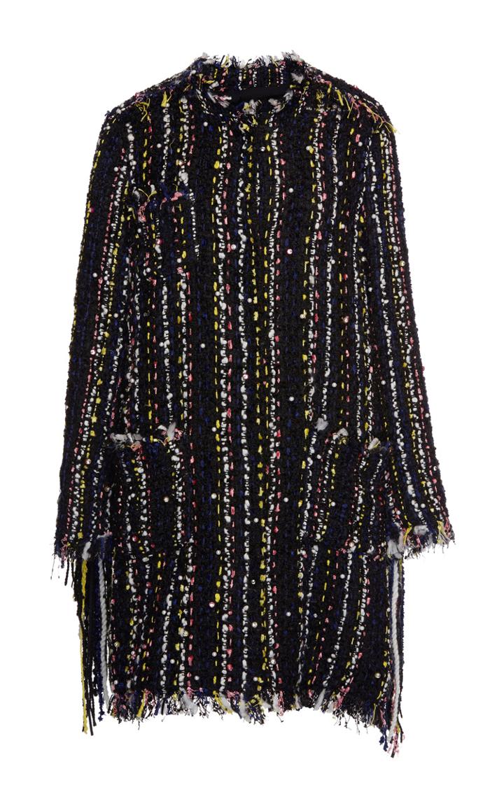 Msgm Pearl And Diamond Embellished Tweed Coat With Back Fringe