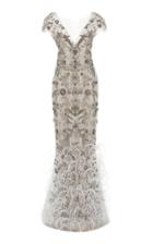 Marchesa Ostrich Feather Embroidered V-neck Column Gown
