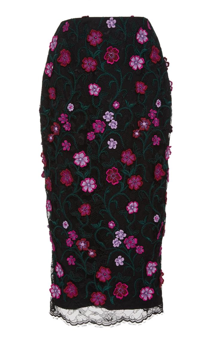 Lela Rose Embroidered Floral Lace Midi Skirt