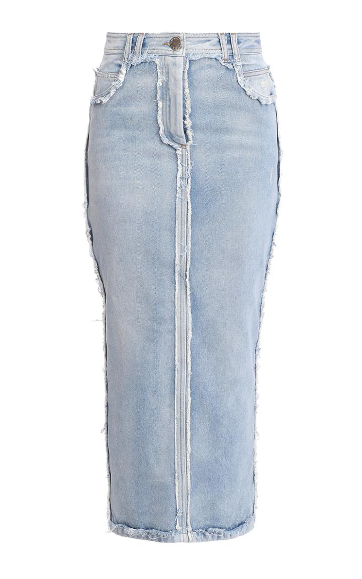 Balmain Frayed Denim Midi Skirt