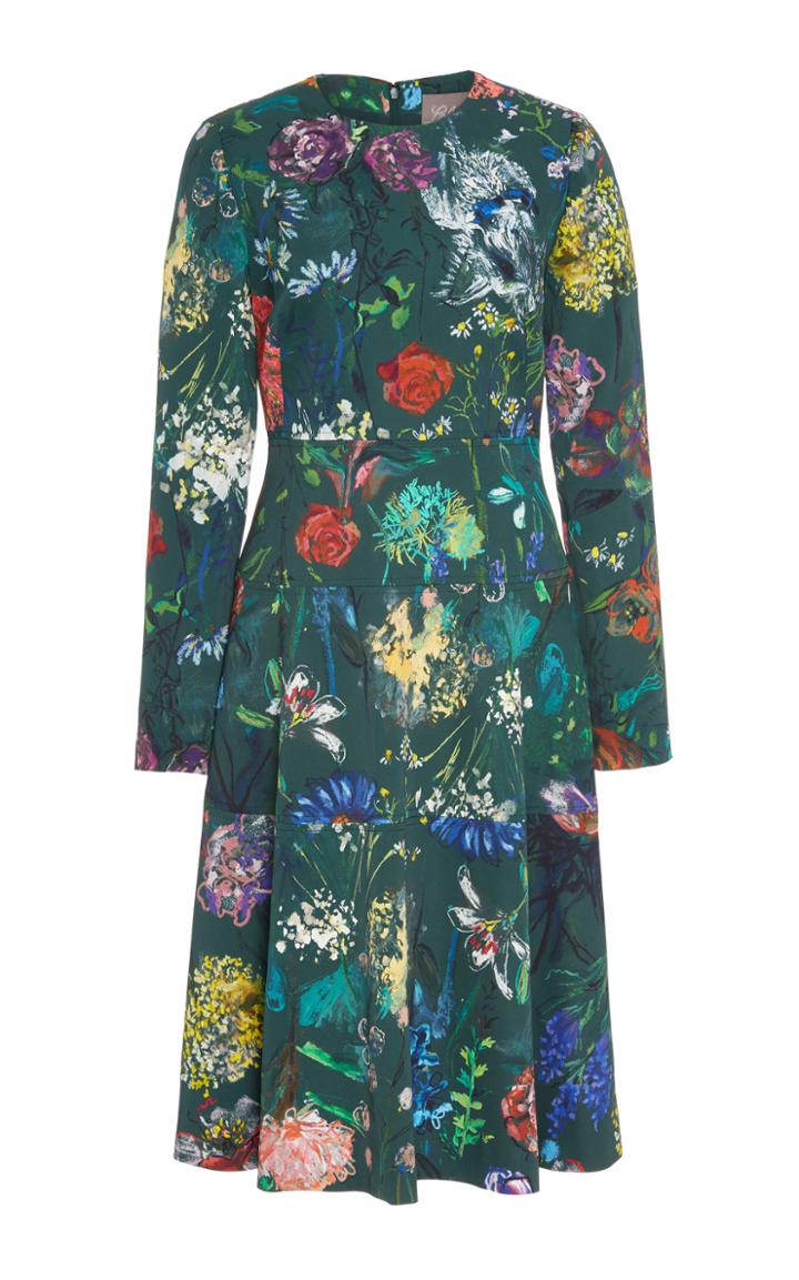 Lela Rose Pleated Floral-print Crepe Dress