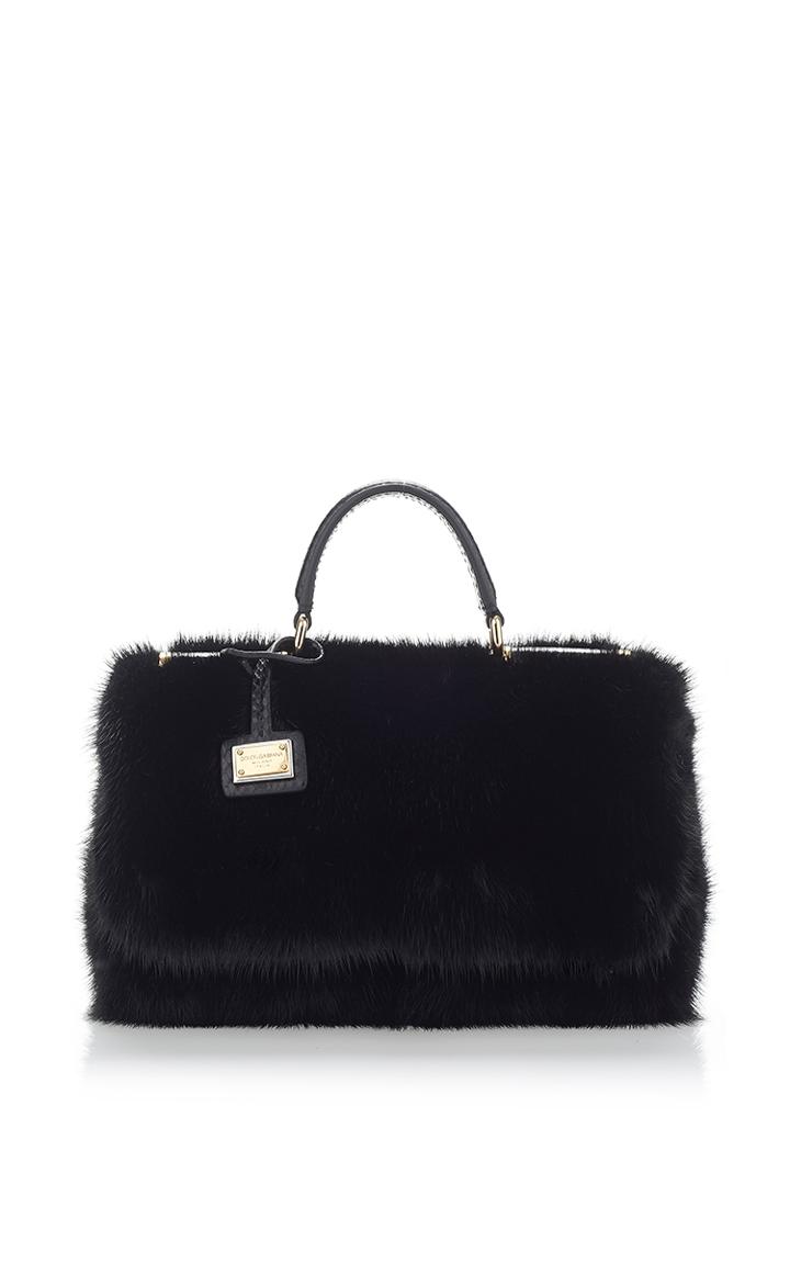 Dolce & Gabbana Black Ayers Snakeskin Mink Top Handle Handbag