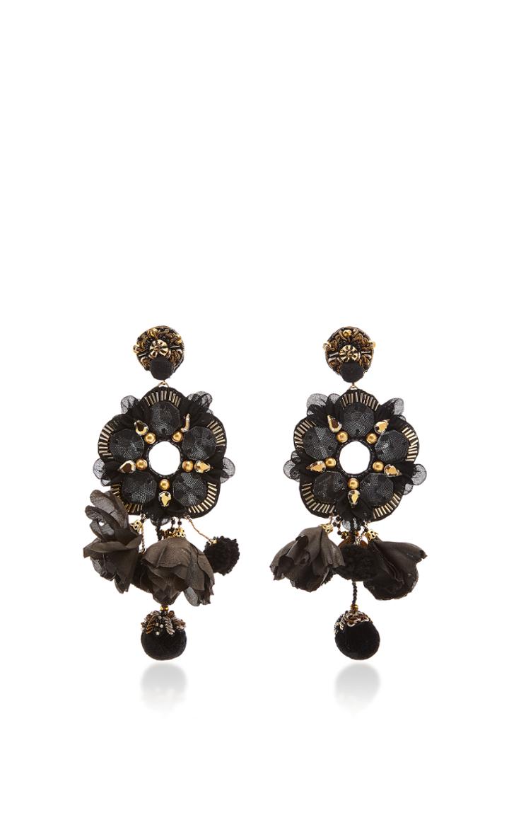 Ranjana Khan Black Tulle Crystal Flower Earrings