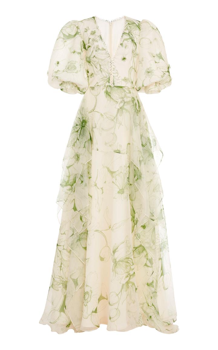 Moda Operandi Costarellos Printed Organza Sleeveless Dress With Asymmetrical Overski