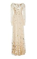 Monique Lhuillier Embroidered Lace Bishop Sleeve Gathered Overlay Gown