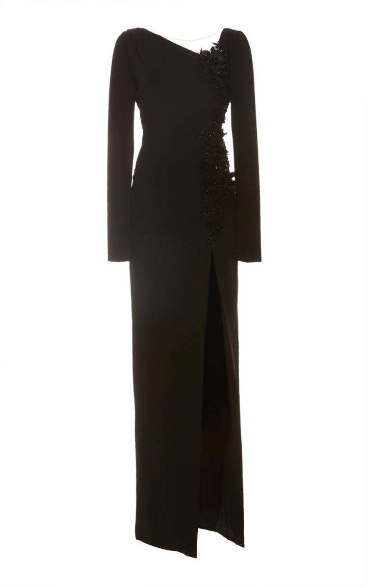Pamella Roland Stretch Crepe Column Gown With High Slit And 3d Sequin Floral Embroidered Bodice