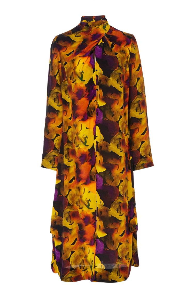 Ganni Twisted Printed Crepe De Chine Dress