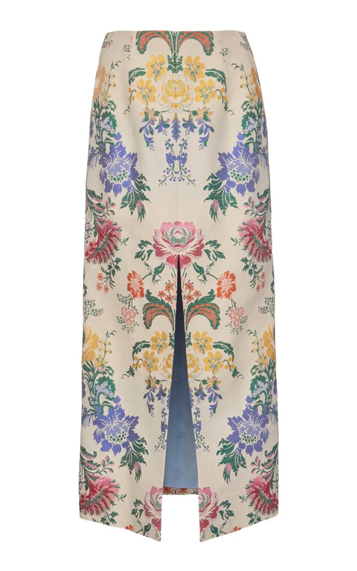 Carolina Herrera Front Slit Floral Cotton And Silk-blend Midi Skirt