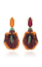 Silvia Furmanovich Sculptural Botanical Marquetry Purple And Orange Flower Drop Earrings