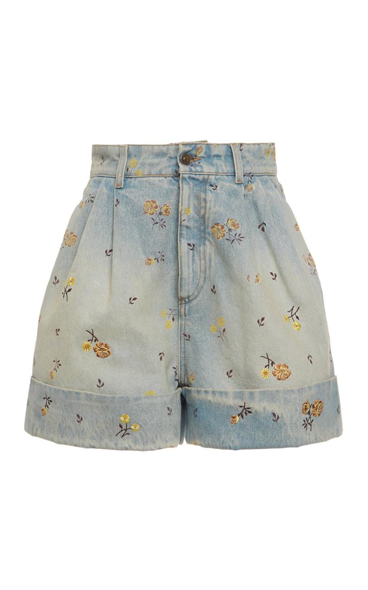 Moda Operandi Alanui Floral-embroidered Denim Pleated Shorts