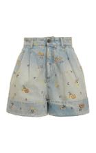 Moda Operandi Alanui Floral-embroidered Denim Pleated Shorts