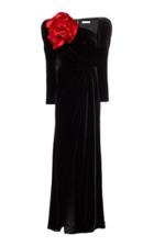 Elizabeth Kennedy Long Sleeve Draped Velvet Gown With Satin Rose